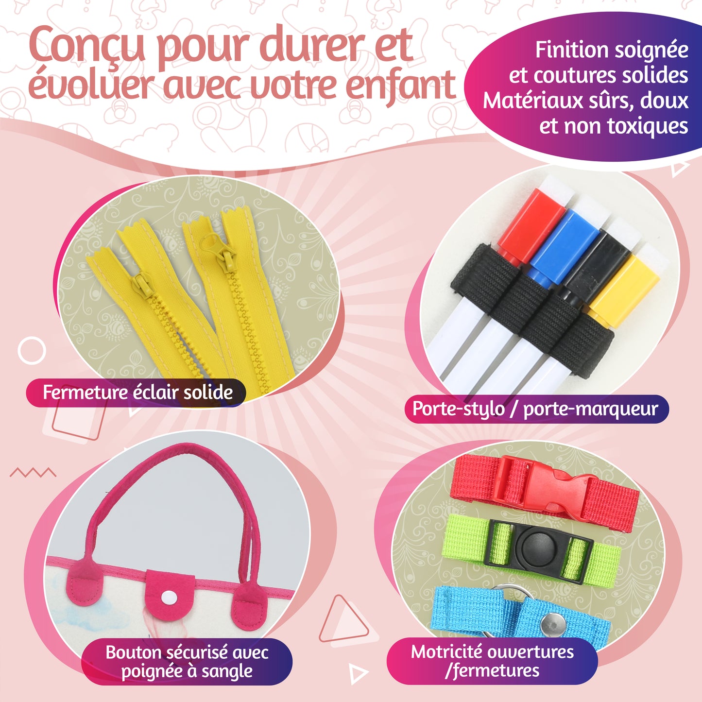 BusyBoard Montessori BETOTZ® – Livre d'Activités Éducatif 10 Pages – Éveil Sensoriel & Autonomie – 2 à 6 Ans – Compagnon de Voyage Silencieux