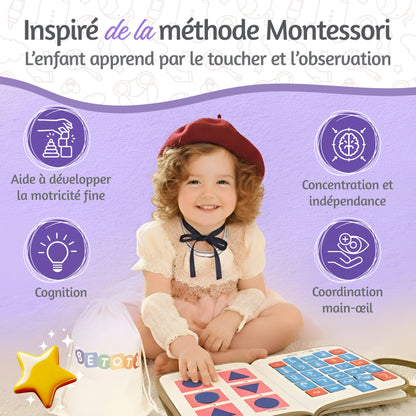 BusyBoard Montessori BETOTZ® – Livre d'Activités Éducatif 10 Pages – Éveil Sensoriel & Autonomie – 2 à 6 Ans – Compagnon de Voyage Silencieux