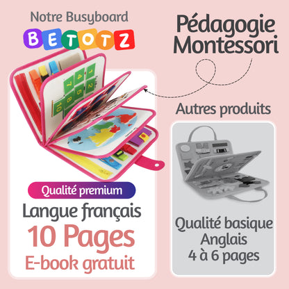 BusyBoard Montessori BETOTZ® – Livre d'Activités Éducatif 10 Pages – Éveil Sensoriel & Autonomie – 2 à 6 Ans – Compagnon de Voyage Silencieux