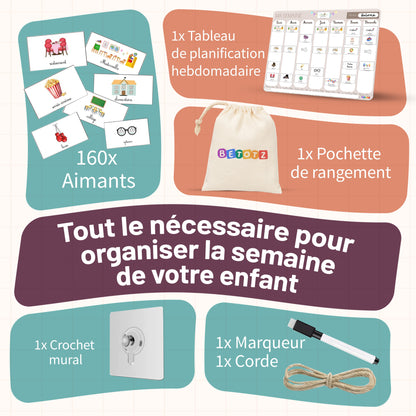 Semainier Enfant Magnétique BETOTZ® – 160 Aimants – Planning Semaine Montessori – Routine & Autonomie Dès 3 Ans